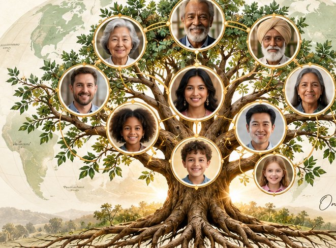 A heritage tree holding circular family portraits from around the world